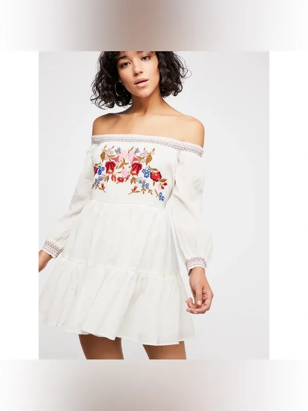 Free People White Off-Shoulder Embroidered Mini Dress Size XS - Image 3