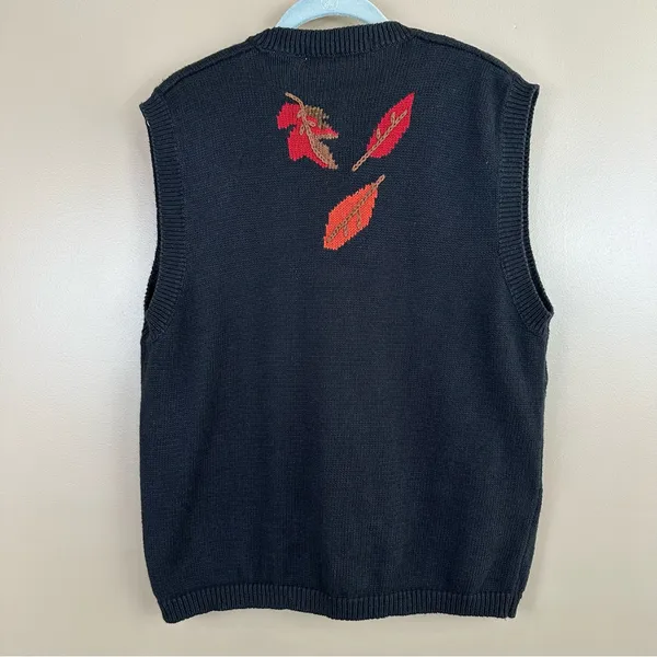 Vintage Karen Scott Black Cardigan Sweater Vest Large Fall Fruit Bear Embroidery - Image 12