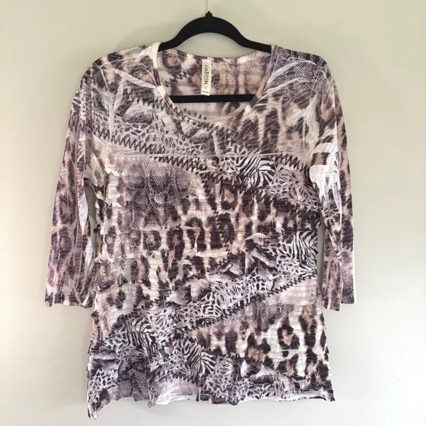 90's Y2K Cubism Los Angeles Animal Print Ruffle Artsy Mesh Top Mixed Media Small - Image 2