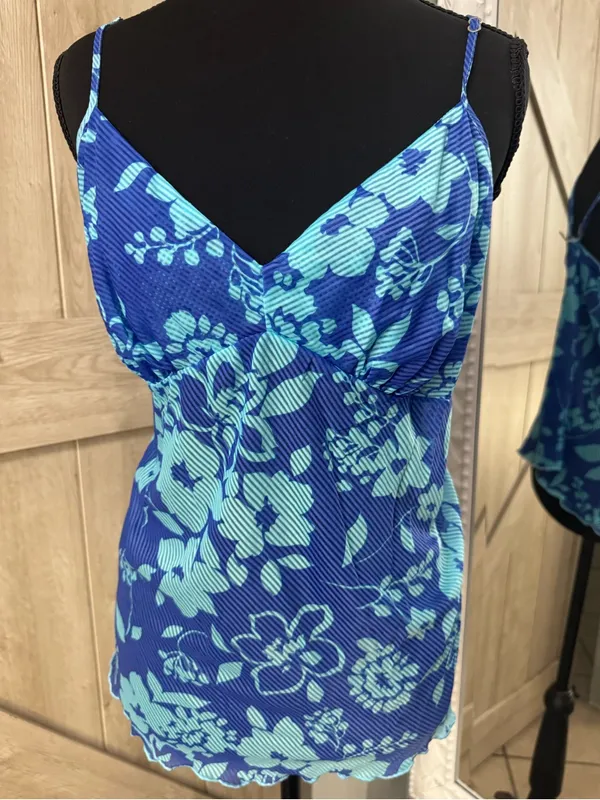 Vintage 90s Blue Floral Mesh Camisole Top - Lettuce Trim - XL - Image 2