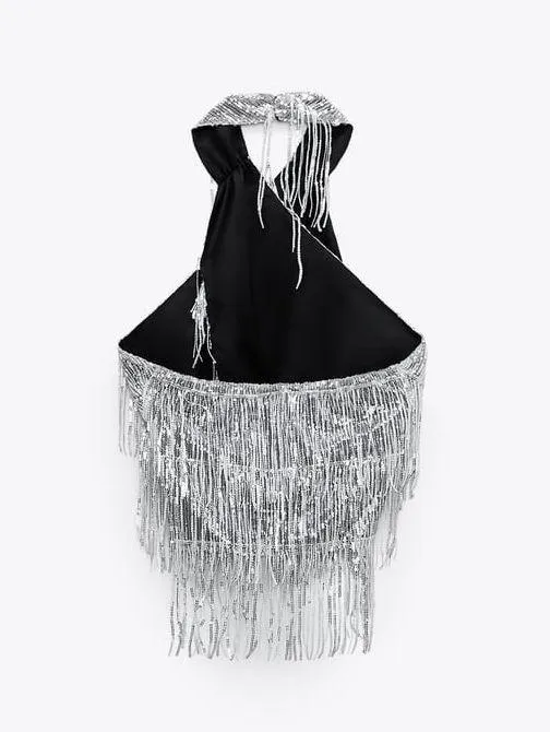 top cropped halter sequined surplice top - Image 3