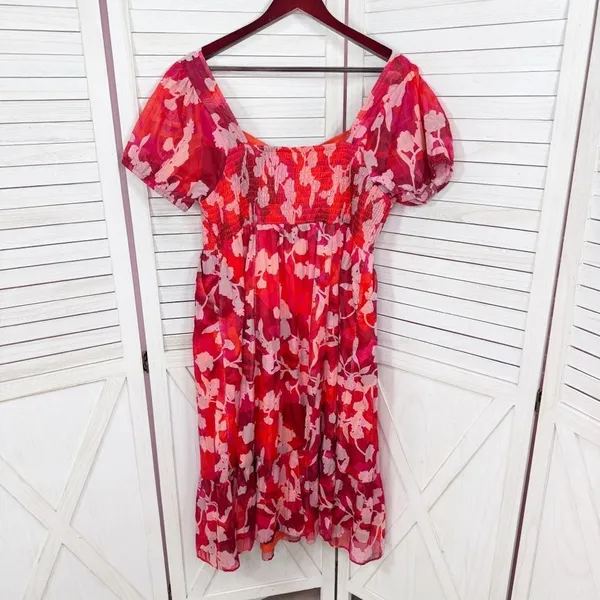 Torrid Floral Crinkle Fabric Tiered Puff Sleeve Smocked Midi Dress Red‎ Pink 12 - Image 11