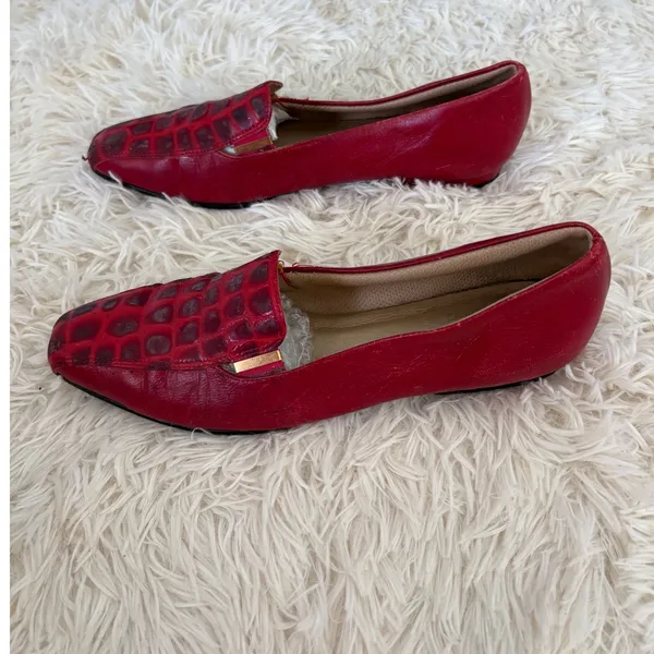 Red Leather Loafers Women's Croc‎ Embossed Square Toe Slip On Dress Shoes - Image 3