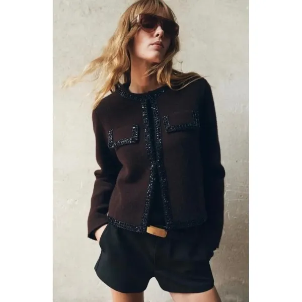 ZARA Wool Beaded Cardigan Sweater Knitwear Embellished Cropped Solid X-Large - Image 4