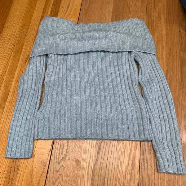 Abercrombie & Fitch Light Blue Off The Shoulder Ribbed Knit Sweater Womens Large - Image 4
