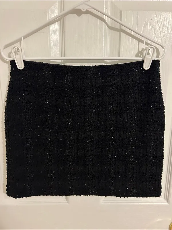 Alice + Olivia Elana Mini Skirt In Black Metallic Tweed Sequin Size 6 - Image 6