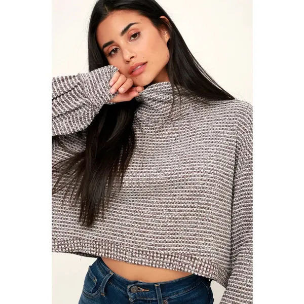 Free People BK Thermal Turtleneck Cropped Top Wine Red White‎ L - Image 5
