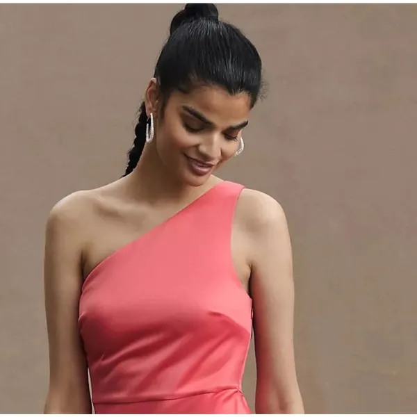Anthropologie BHLDN Coral Dylan One Shoulder Satin Side Slit Gown Size 6 NWT‎ - Image 8