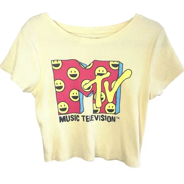 MTV Graphic Tee Women's Large Butter Yellow Ribbed Smiley Face Y2K‎ Retro Music - Image 2