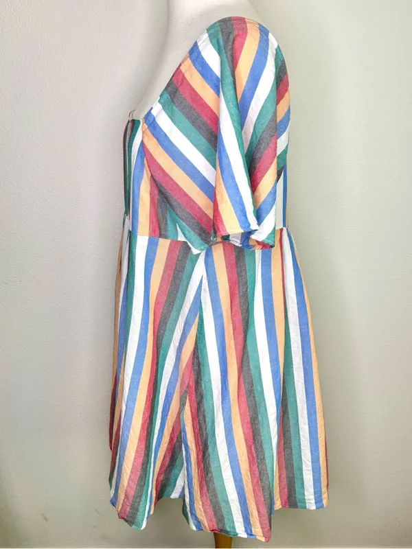 Madewell Dress Square-Neck Mini Festival Stripe Multicolor Flutter Sleeve - Image 5