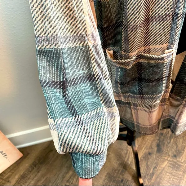 Cabincore Western Rustic Green Plaid Loose fit Long Cuff-sleeve Pockets Shacket - Image 3