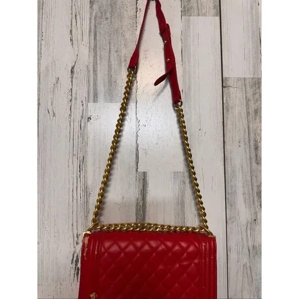 Red Quilted Chain Crossbody Bag Gold Chain Strap Classic Flap Purse - Image 5