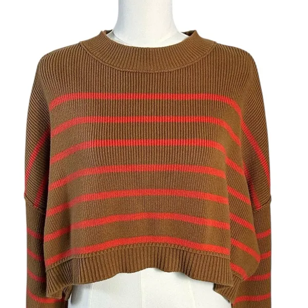 Free People Easy Street Stripe Crop Pullover Sweater Brown Orange Small - Image 10