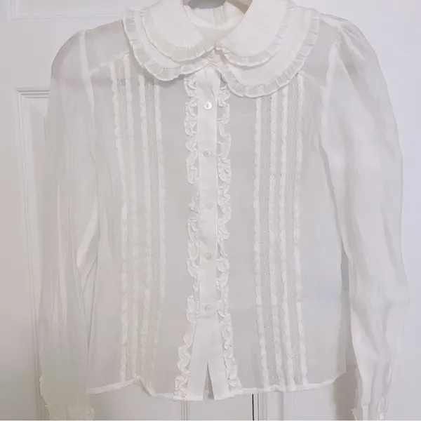 White Lace Cottagecore Barbiecore Elegant Formal Long Sleeve Button Up Shirt - Image 2