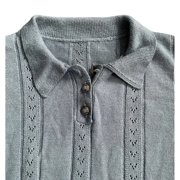 Women's Blue Long Sleeve Knit Eyelet Collared Sweater‎ Preppy Classy Size Med. - Image 4