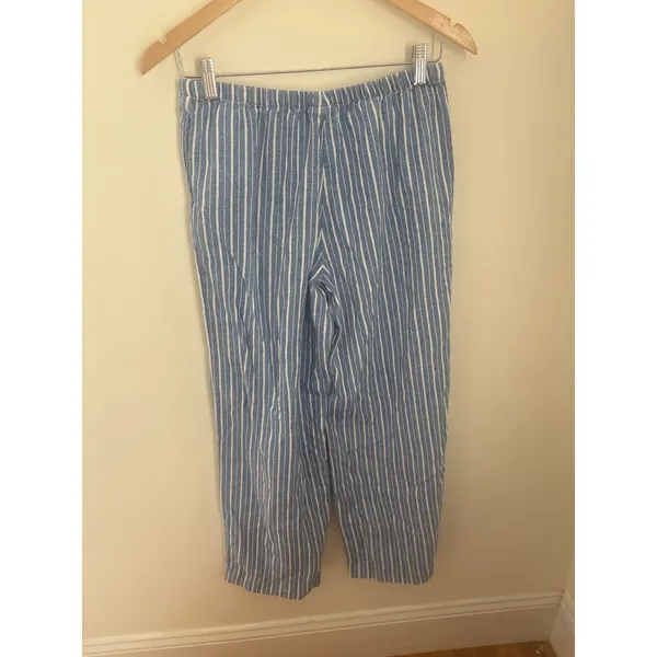 A New Day Blue White Striped Linen Blend Elastic‎ Waist Straight Leg Pants S - Image 4