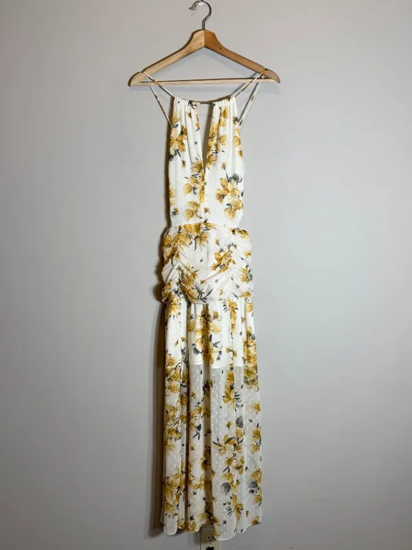 Hello Molly Just Us Floral Maxi Dress Womens Medium White Yellow Slits Open Back - Image 6