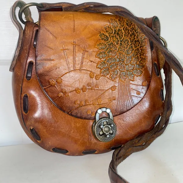 Genuine Etched Boho Saddle Braided Leather‎ Shoulder Handcrafted 3 Cross Handbag - Image 2