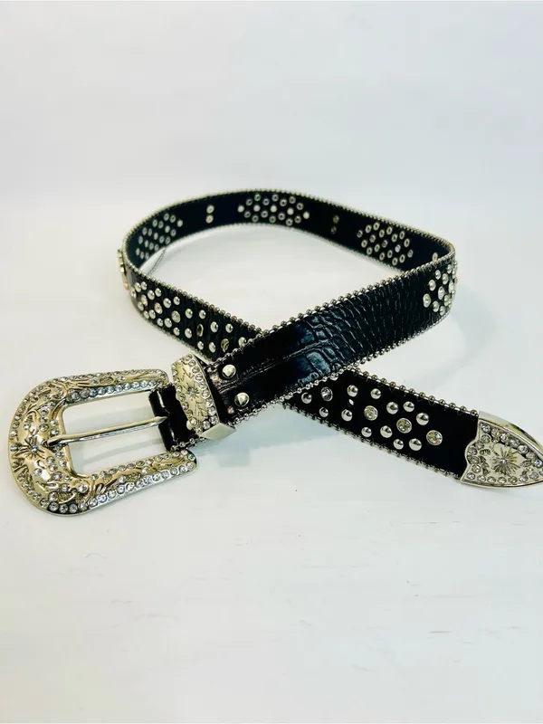 Western Black Leather Belt with Crystal Studded Rhinestones, Engraved Buckke - Image 11