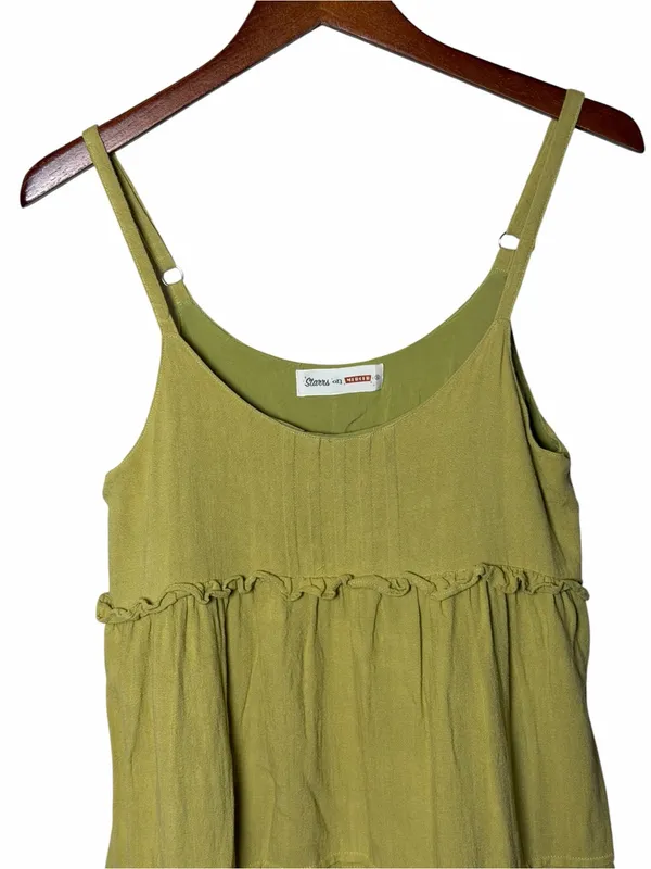 Olive Green Linen Blend Boho Tiered Ruffle Babydoll Mini Dress Small Sundress - Image 3
