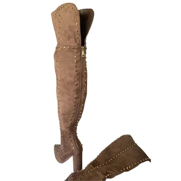 New Venus Faux Suede Studded Over the knee Taupe Boots - Image 3