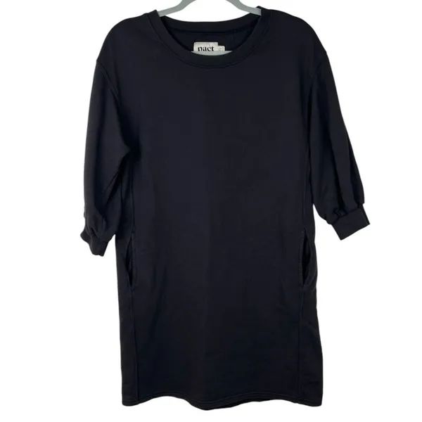 PACT Black Organic Cotton Essential Puff Sleeve Sweatshirt Dress S Pockets - Image 2