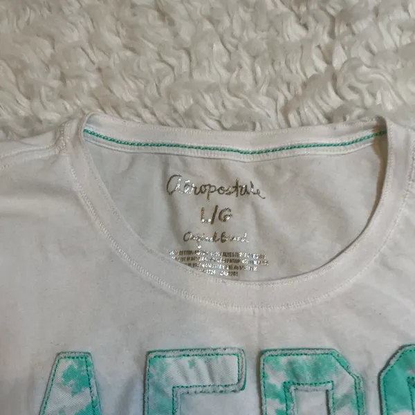 Aeropostale Aero CA Graphic Tee‎ White Turquoise Y2K Baby Tee Size L/G - Image 2
