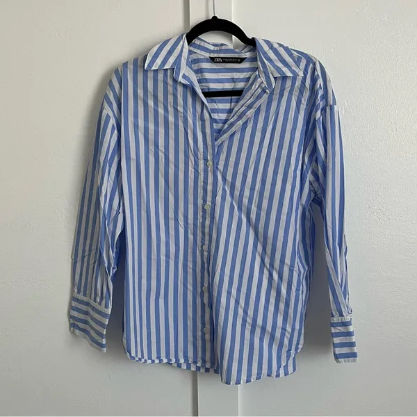 Zara Blue Striped Oversized Button Down Shirt - Image 3
