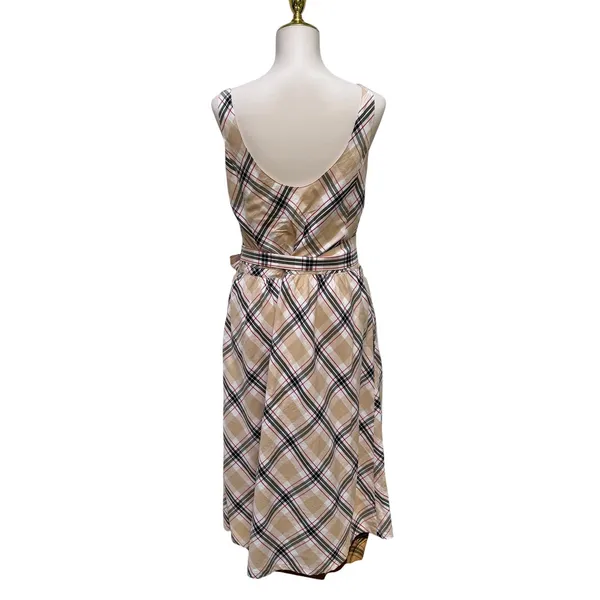 Hope & Henry Plaid Midi Dress 10 Tan‎ Organic Cotton Belted V-Neck A Line - Image 4