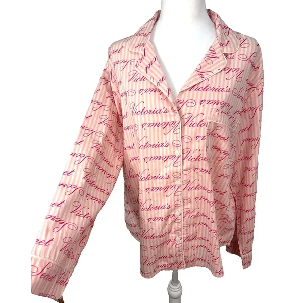 Victoria's Secret Spellout Button Up Striped Sleep‎ Shirt Women's Size M Pink - Image 2