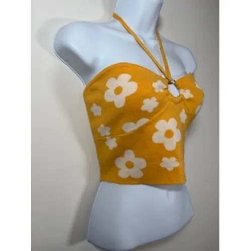 Pretty Garbage Floral‎ Halter Sweater Top Large Yellow Daisy Knit Retro Festival - Image 2