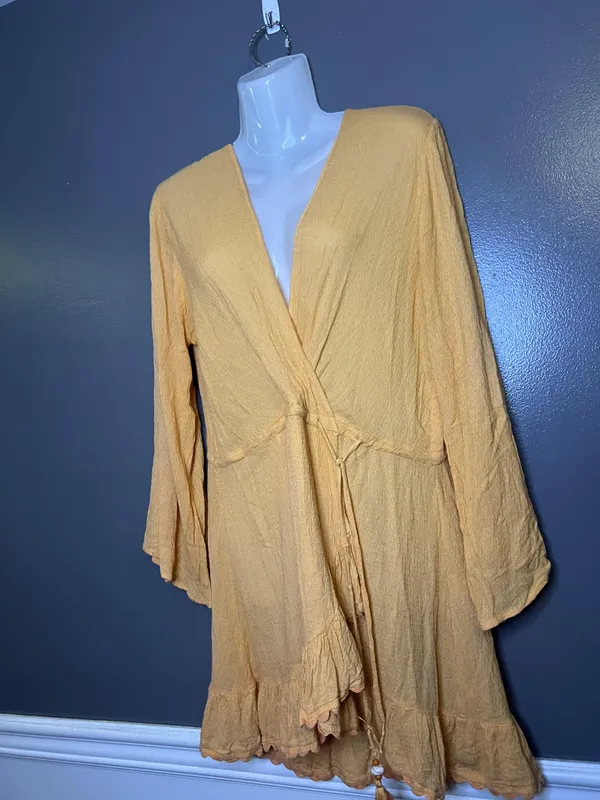 Blue Island Dress Womens Medium Orange Wrap Ruffle Hem Bell Sleeve Boho Sundress - Image 6