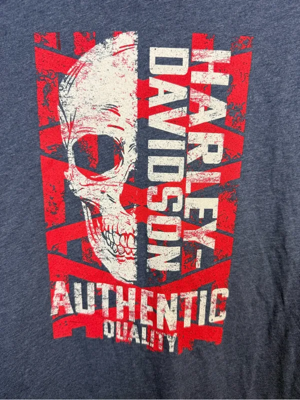 Harley-Davidson Blue V-Neck Tee with Red and White Skull Graphic - Image 2