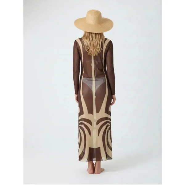 NWT Caroline Constas Brown Cover Up Maxi Dress Mesh Long Sleeve Sheer Beige M - Image 2