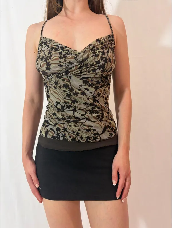 Earthy Graphic Mesh Overlay Cami Y2K Top Green - Image 5