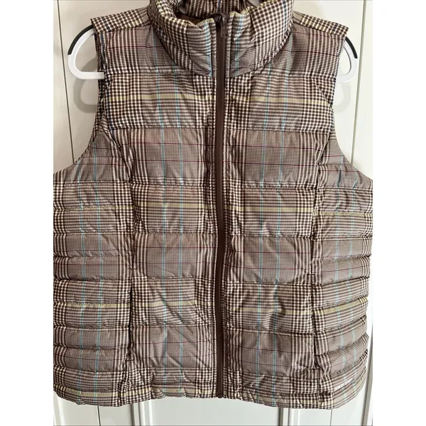Lands End Down Puffer Vest Brown Plaid Full Zip Outdoor Preppy Heritage - Image 2