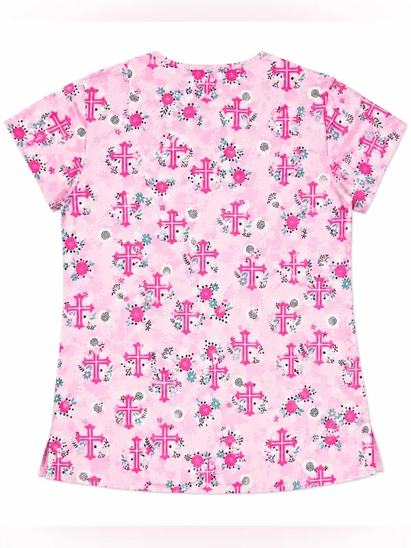 Wear For Care Pink Cross Scrub Top Size Small | V-Neck Medical Uniform | Nurse - Image 3