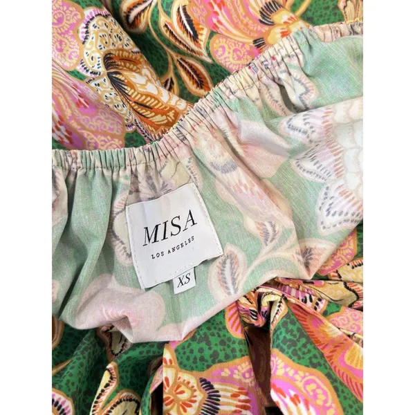 Misa Dress Green Kate Mini Ruched Puffed Floral Pintuck Tie Back A Line Boho XS - Image 5
