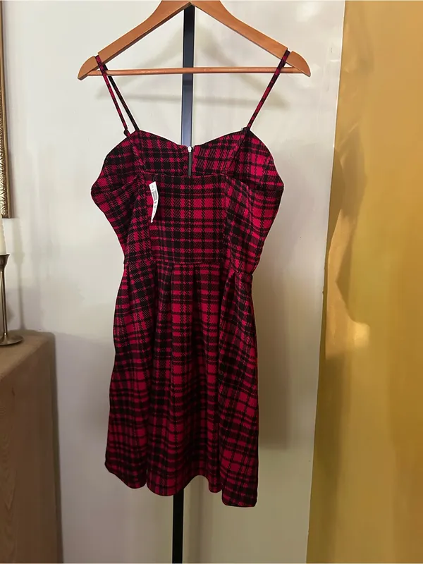 Hot Topic Plaid Zip Pleat Mini Dress Red‎ Black Check Punk Grunge NWT Size Large - Image 6