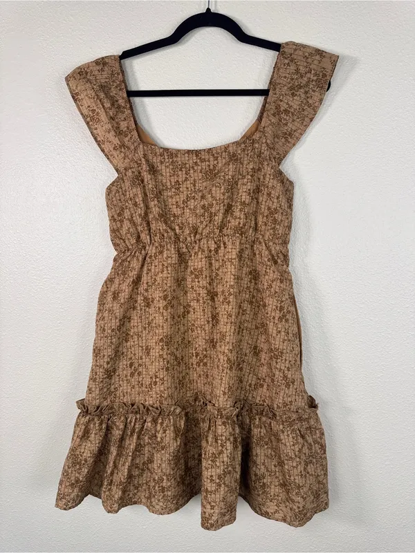 Disturbia Brown Floral Ruffled Mini Dress Womens 6 Fall Casual Boho Peasant - Image 5