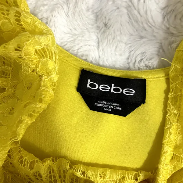 Bebe Yellow Lace Sheer Long Sleeve Open Back Chic Party Crop Top M - Image 6