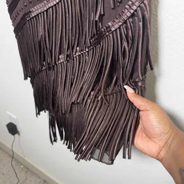 Happyface Women Fringe Flapper Mini‎ Dress Medium Chocolate Brown Asymmetrical - Image 4