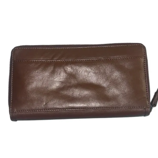 Solid Brown Genuine Leather Wallet Wristlet Classic Neutral EUC - Image 2
