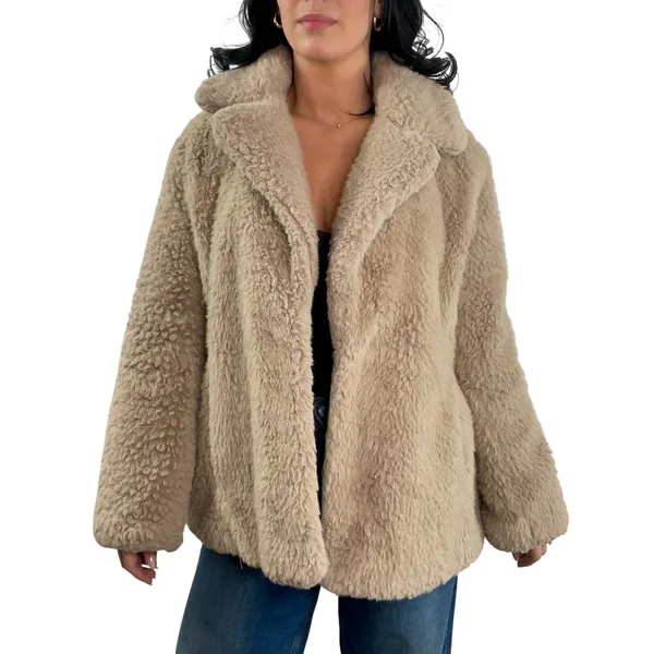 Avec Les Filles Tan Dove Brown Faux Fur Coat Size Small Notch Collar - Image 2