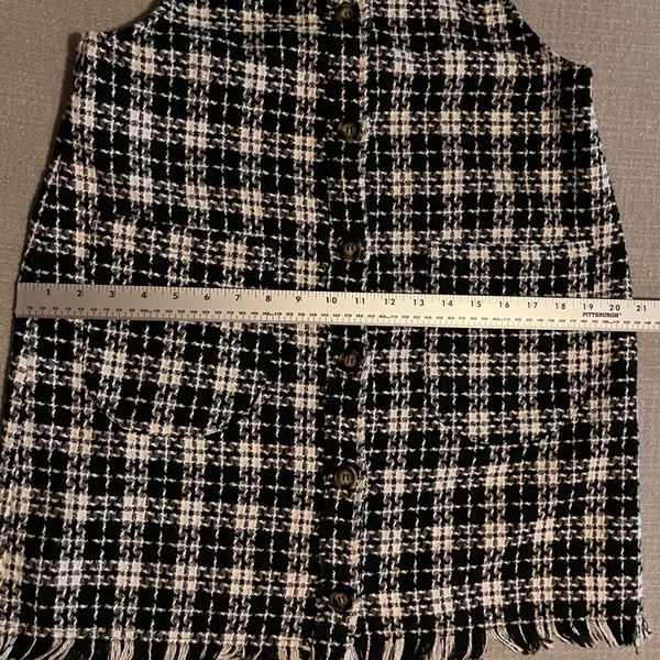 KORI Black White Plaid Tweed Fringe Overall‎ Mini Dress Size Large - Image 10