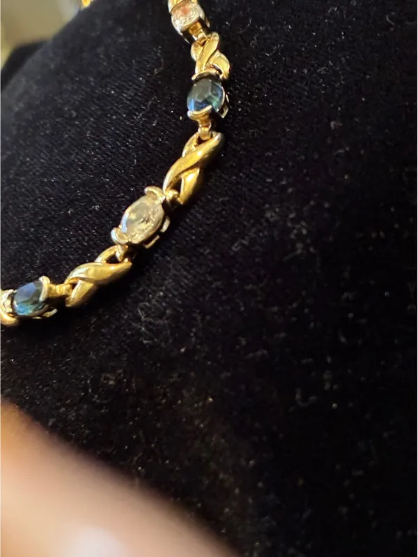 Vtg Gold-Tone Faux Sapphire & CZ Tennis Bracelet – Hugs & Kisses "X" Link 7.5” - Image 7