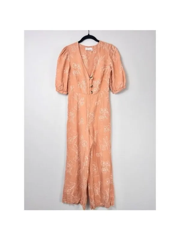 Capulet Isalina Linen Cropped Jumpsuit S Oleander Floral Puff Sleeve Wide Leg - Image 6