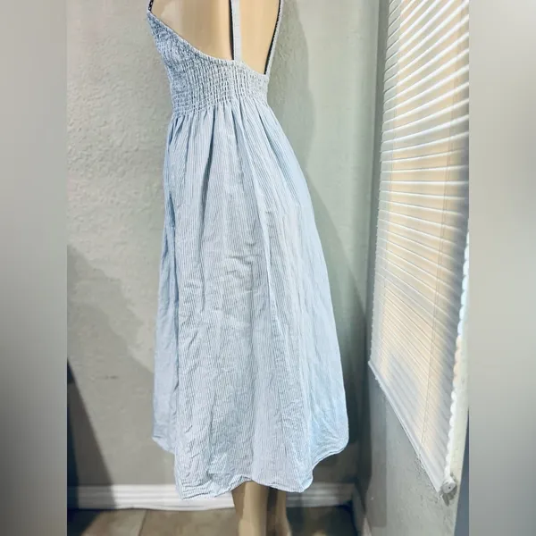 J.Crew Smocked beach dress in linen-cotton blend stripe size S 14” pit to pit stretchy - Image 11