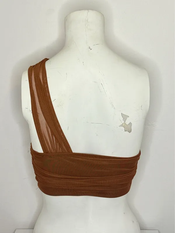 SheIn Brown One-Shoulder Ruched Mesh Crop Top | Asymmetrical Going Out Top - Image 3