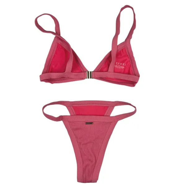 Meshki Pink Ribbed Knit 2 Piece Beach Swimsuit Swimwear Bikini Set Size L & M - Image 2